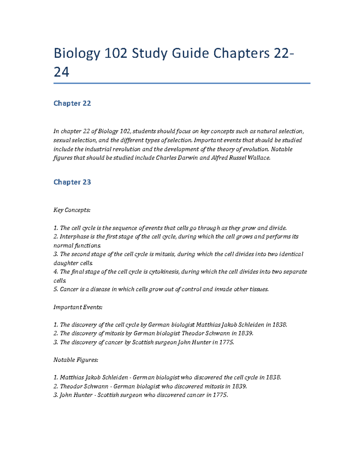 Biology 102 Study Guide Chapters 22-24 - Important events that should ...