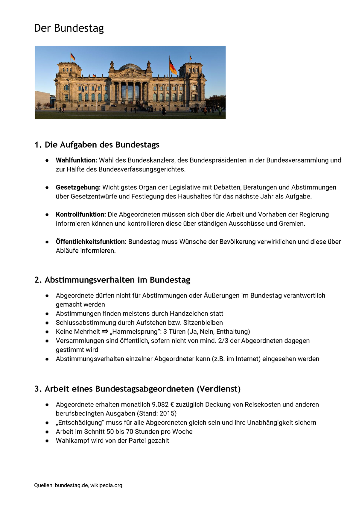 Bundestag Präsentation Handout Der Bundestag 1 Die Aufgaben des