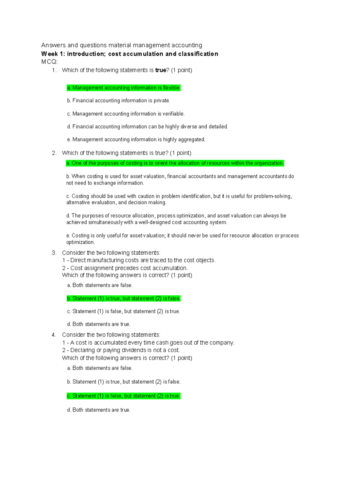 Quiz 1 Management Accounting - Answers And Questions Material ...