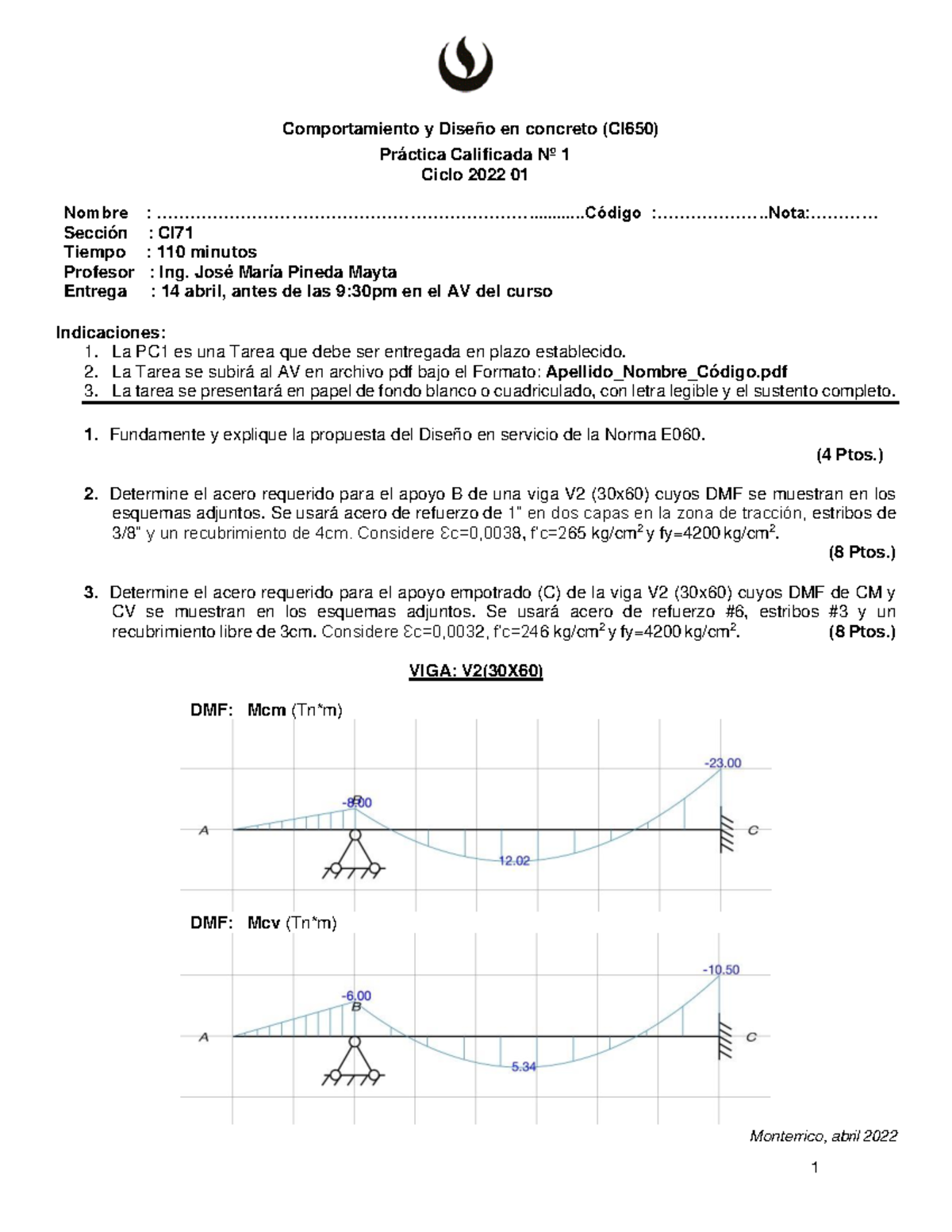 PC01 CA CI71 2022 01 - pc1 - 1 Comportamiento y Diseño en concreto ...