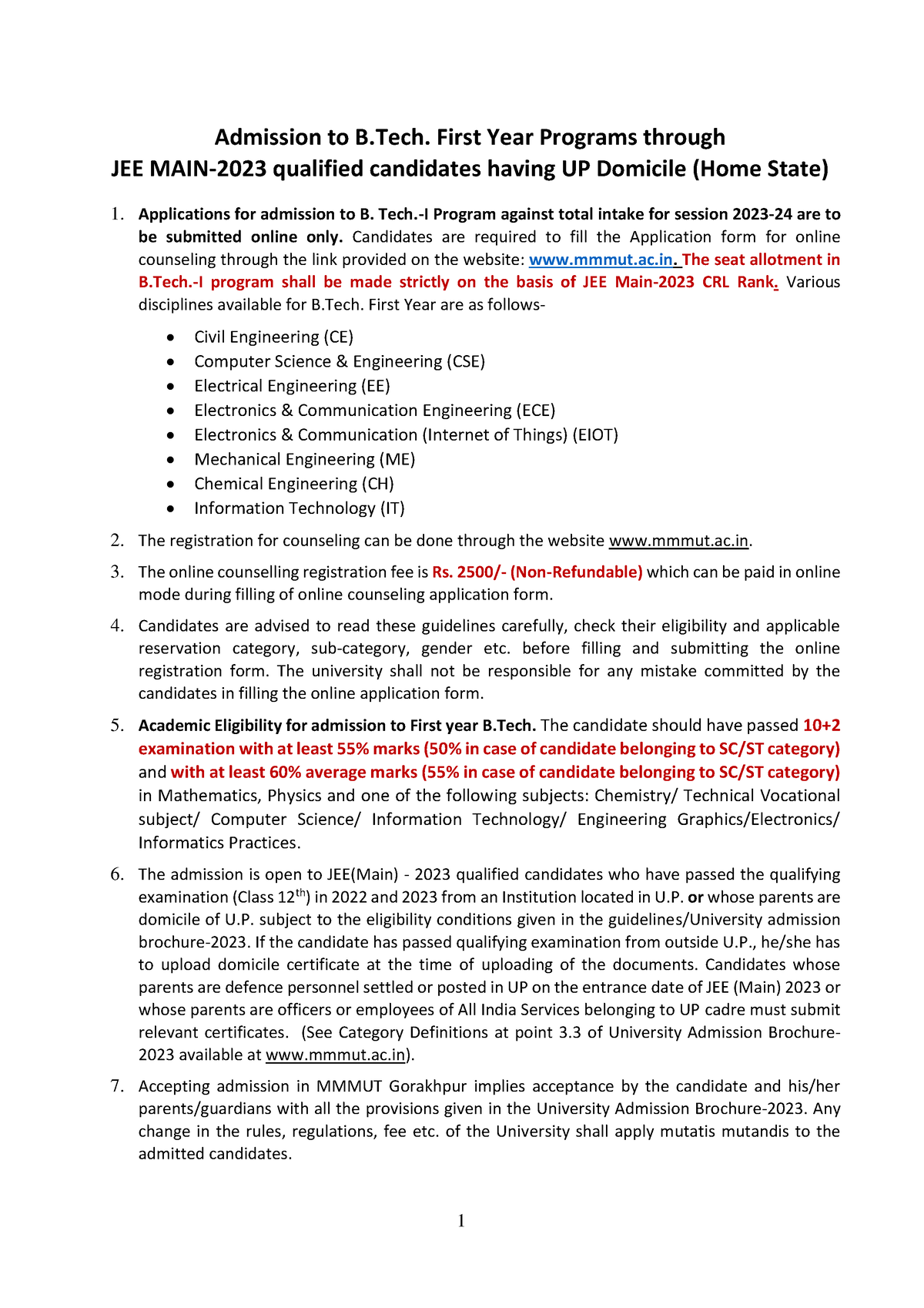 Counselling Guidelines JEE Home State 2023 - Admission To B. First Year ...