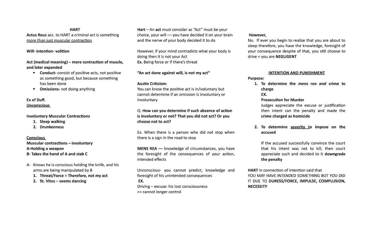 HART - Lecture notes - HART Punishment and Criminal Responsibility ...