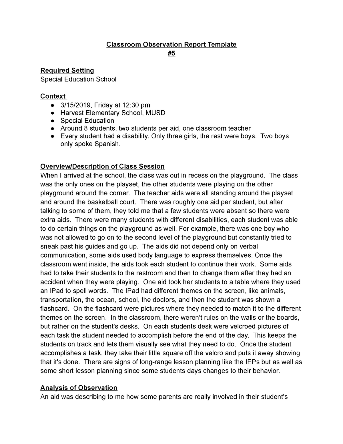 student teacher observation essay