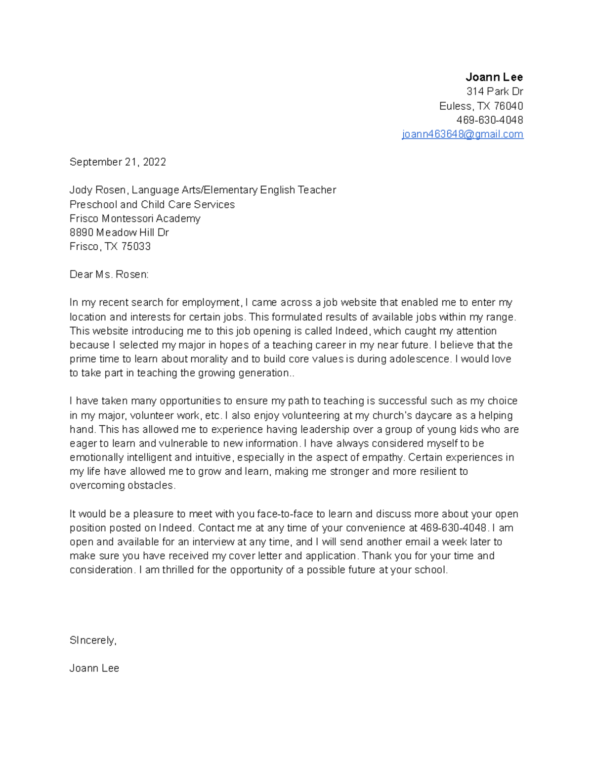 Assignment 4: Cover Letter - Joann Lee 314 Park Dr Euless, TX 76040 469 ...