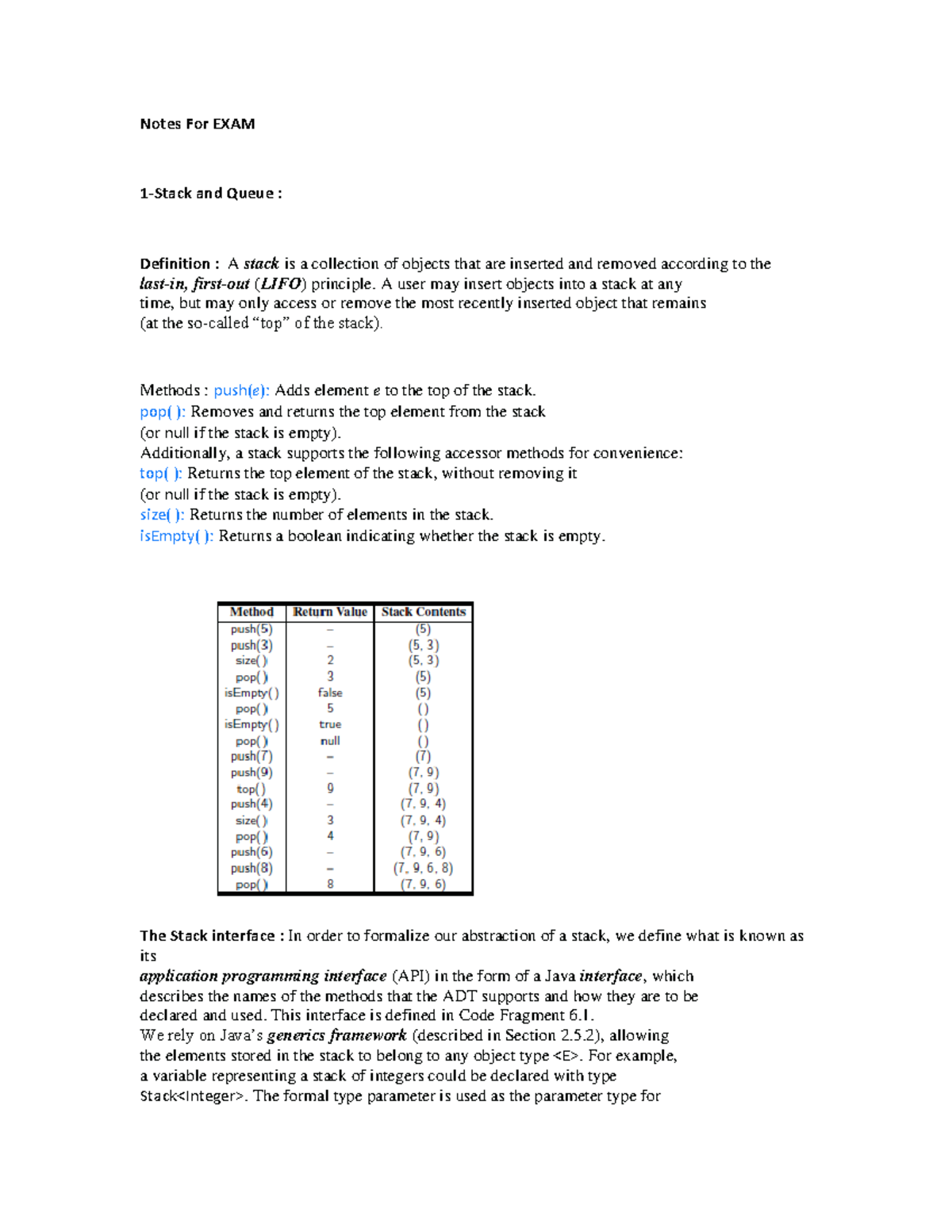Notes For EXAM - Notes For EXAM 1-Stack and Queue : Definition : A ...