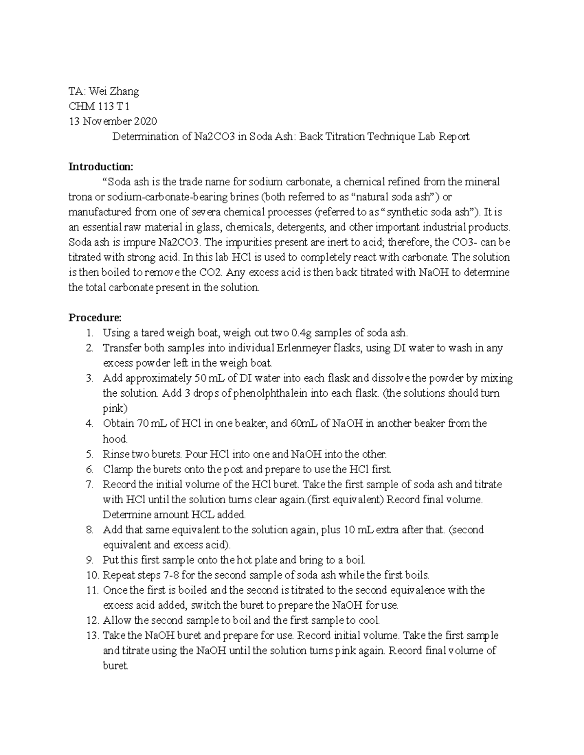 Determination of Na2CO3 in Soda Ash Back Titration Technique Lab Report TA Wei Zhang CHM 113