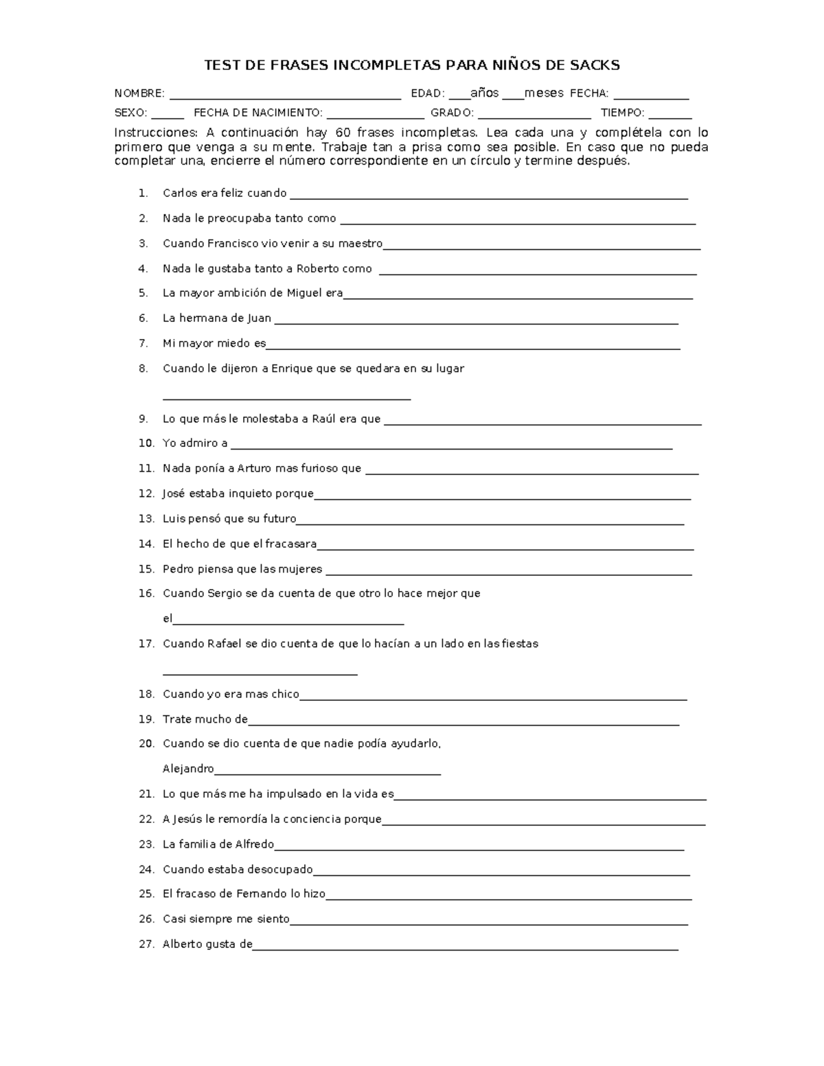 Frases Incompletas de Sacks para niños - TEST DE FRASES INCOMPLETAS ...