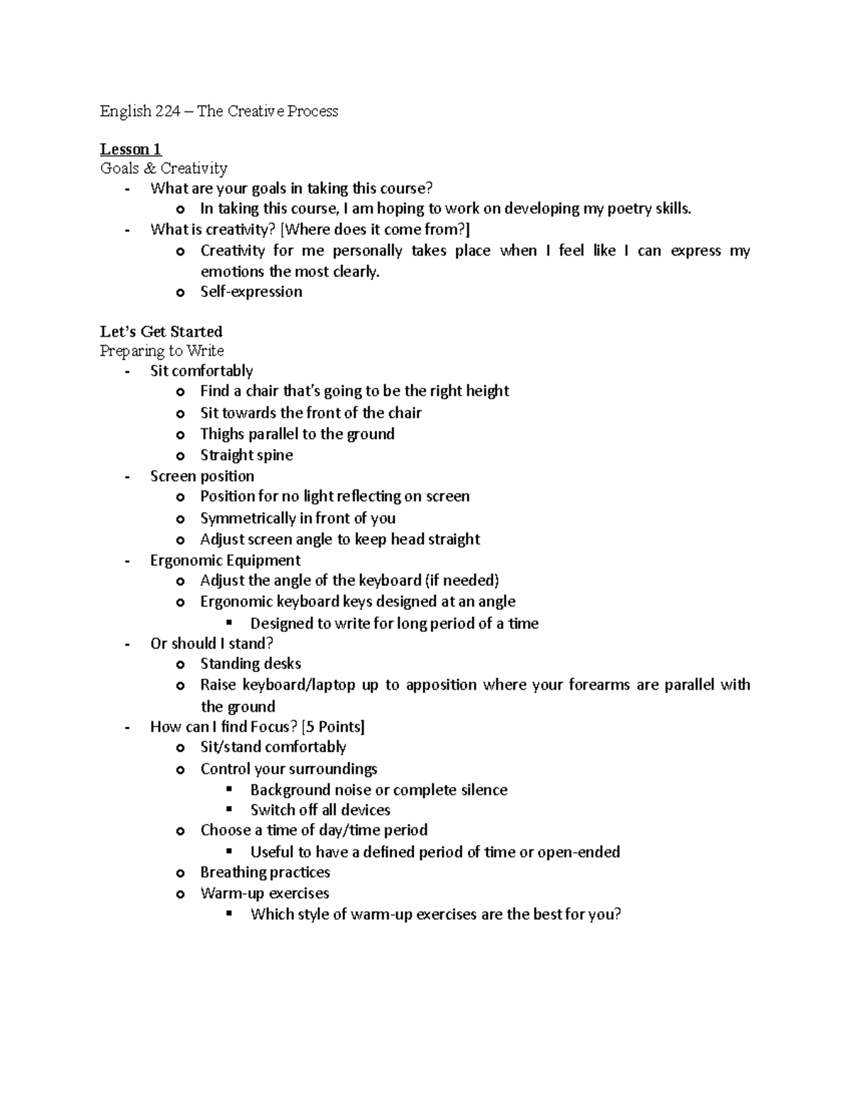 English 224 - Semester Notes - English 224 – The Creative Process ...