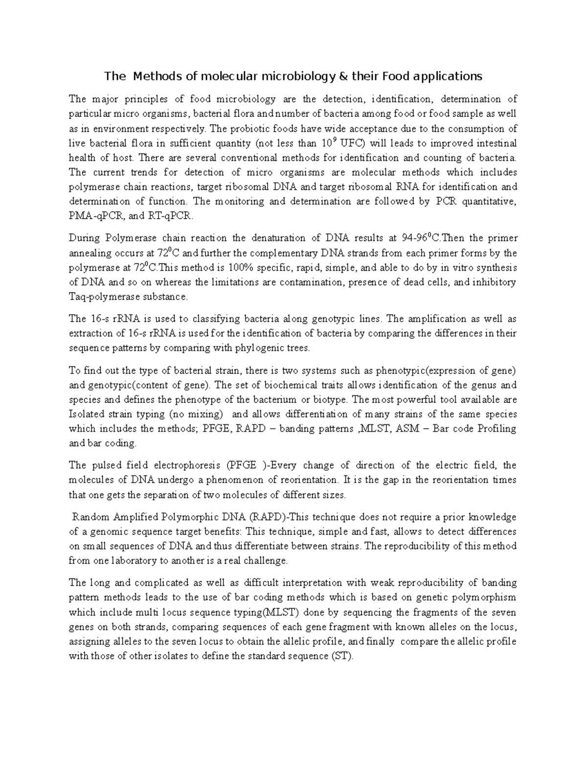 Advancements in Food Micro biology The Methods of molecular