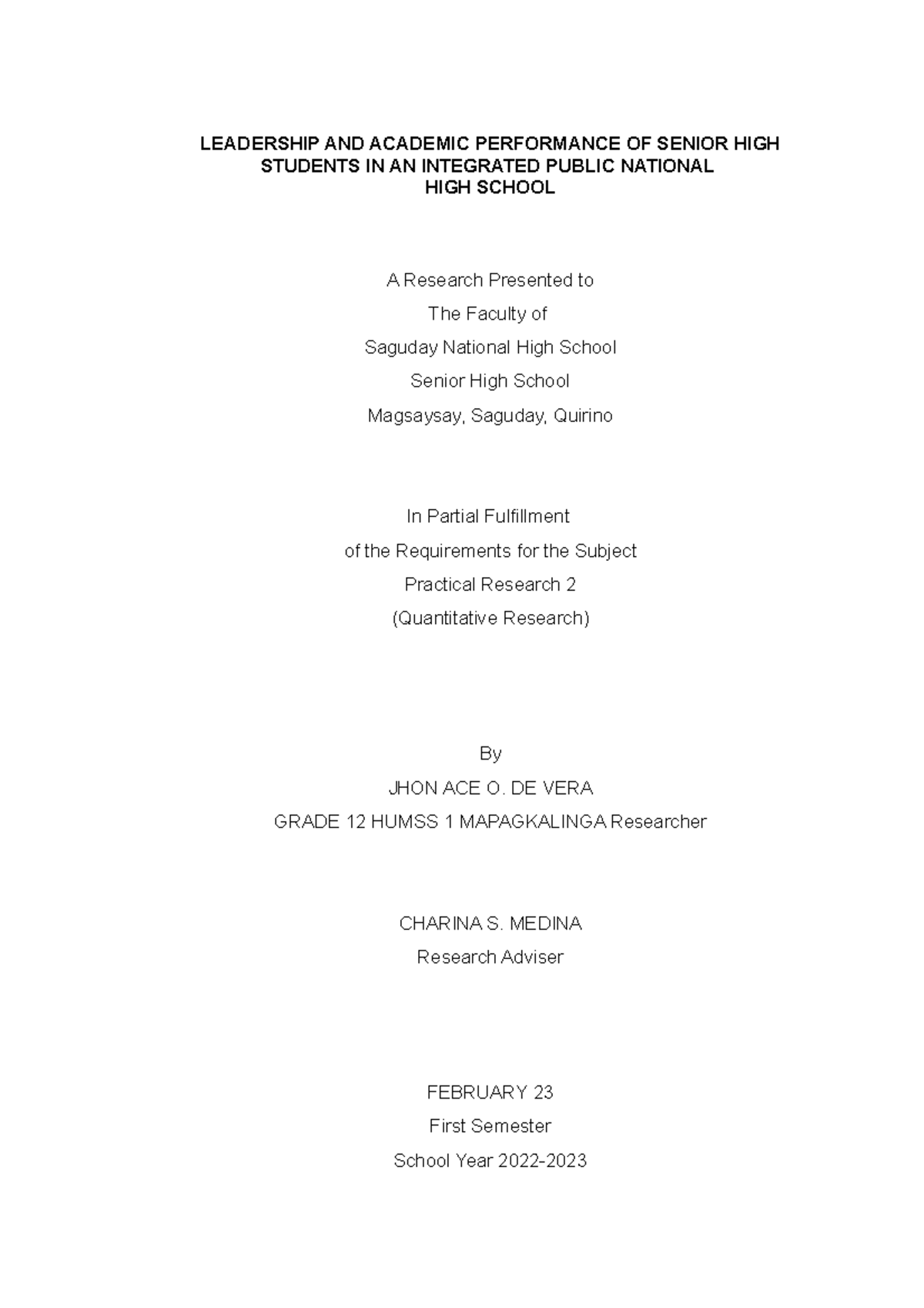 LEADERSHIP AND ACADEMIC PERFORMANCE OF SENIOR HIGH STUDENTS IN AN ...