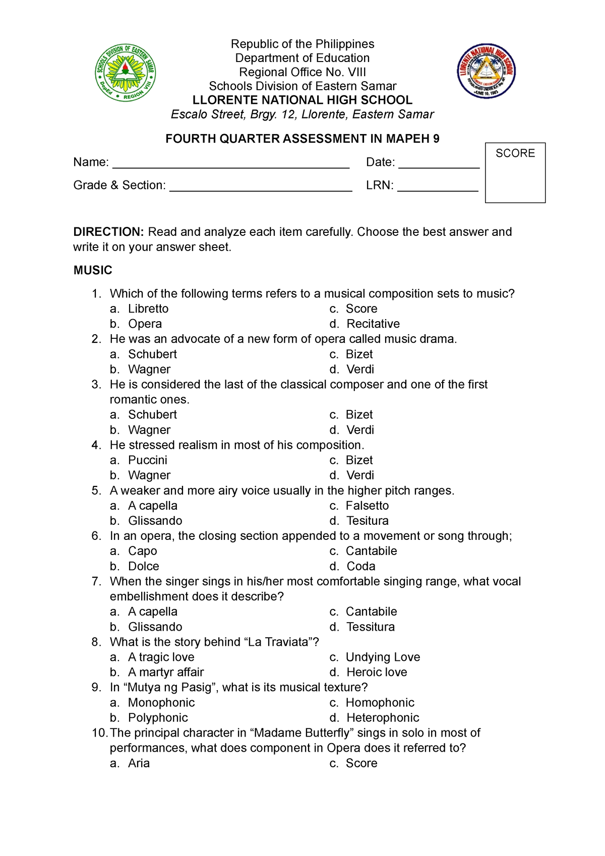 4th Periodical Test Mapeh 9 Test Questionnare With Key To Corrections ...