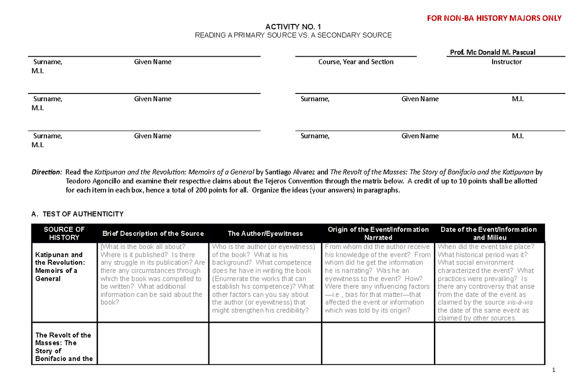 Activity 1 Primary Source vs Secondary Source for Non BA Hist Majors ...
