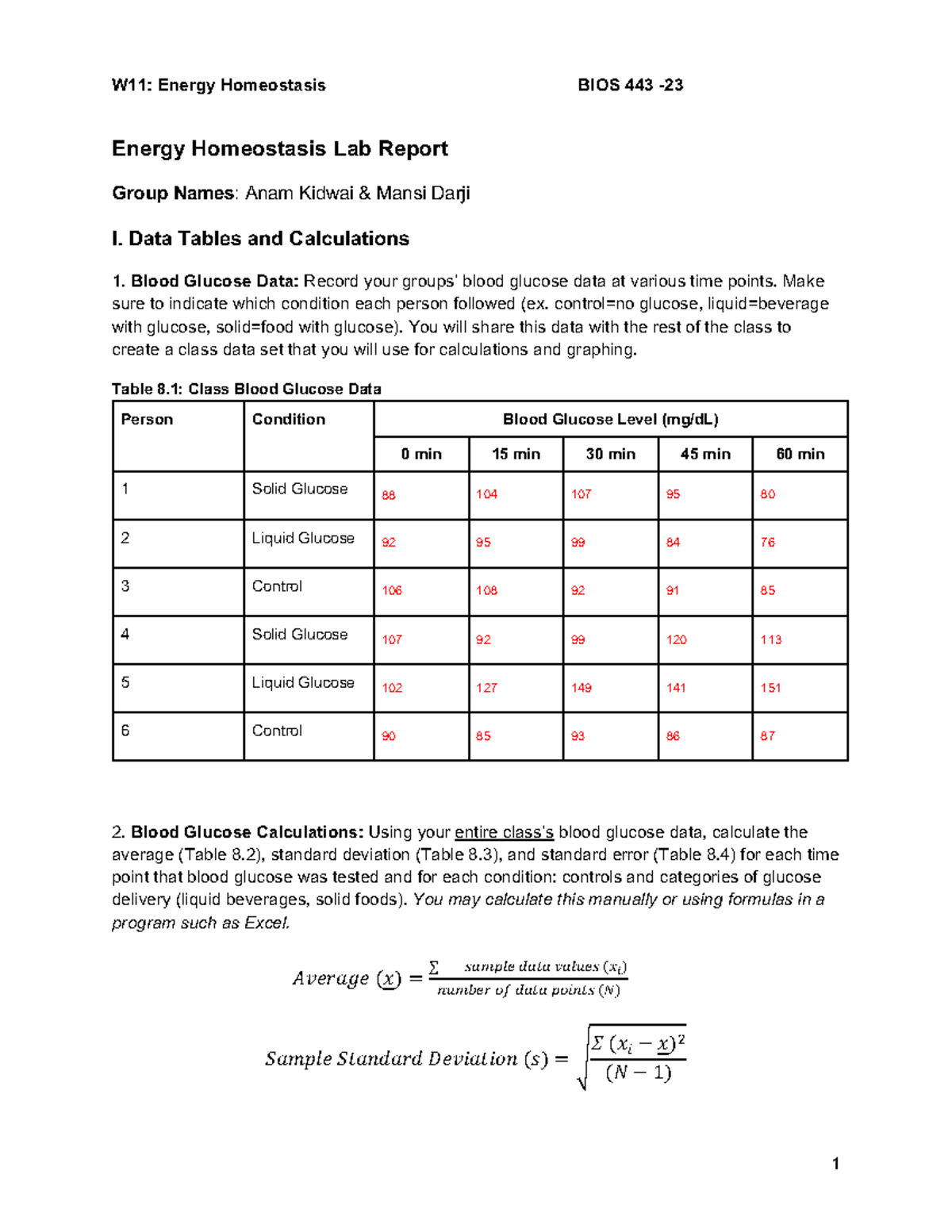 W11 Energy Homeostasis Lab Report Energy Homeostasis Lab Report Group