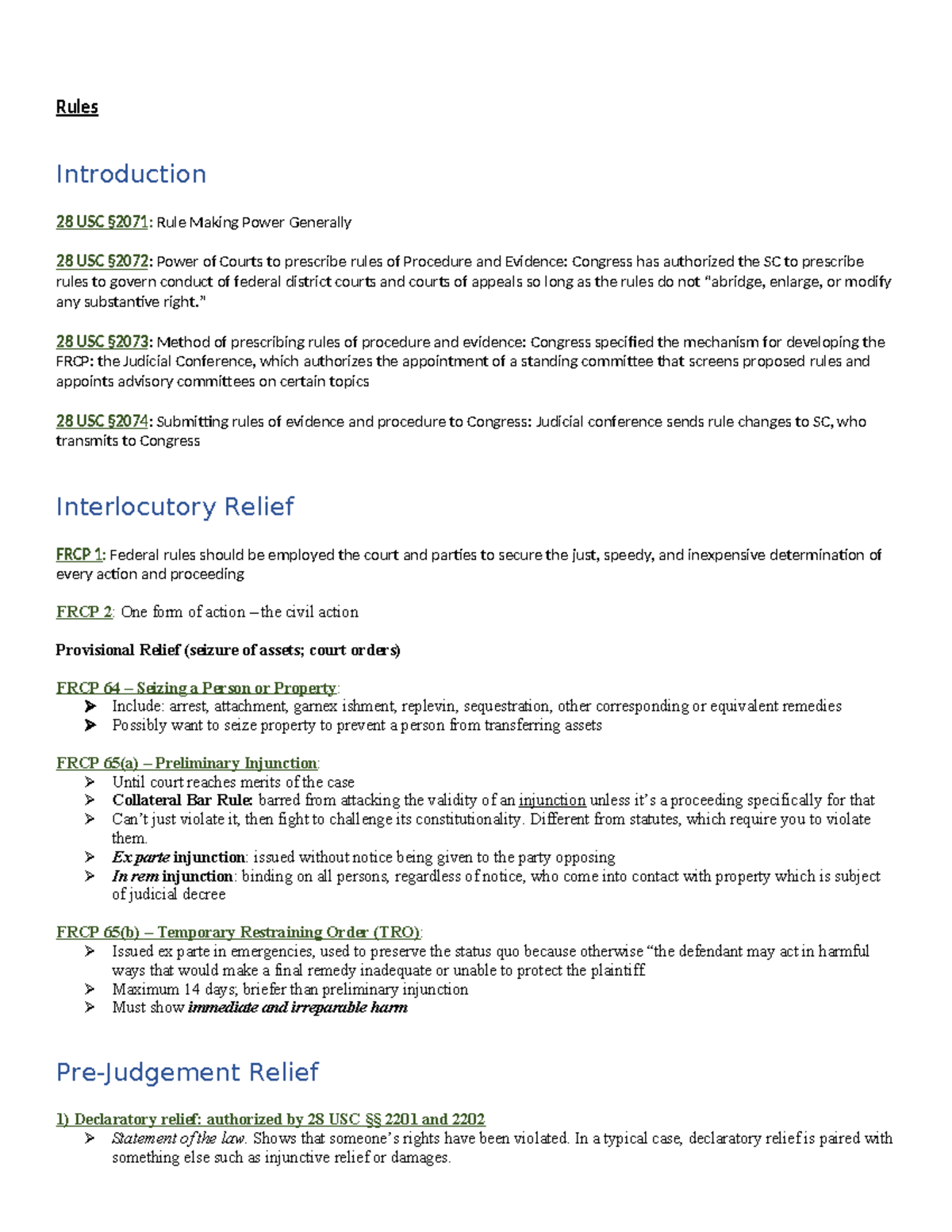 Civ Pro Rules sheet - Rules Introduction 28 USC §2071: Rule Making ...