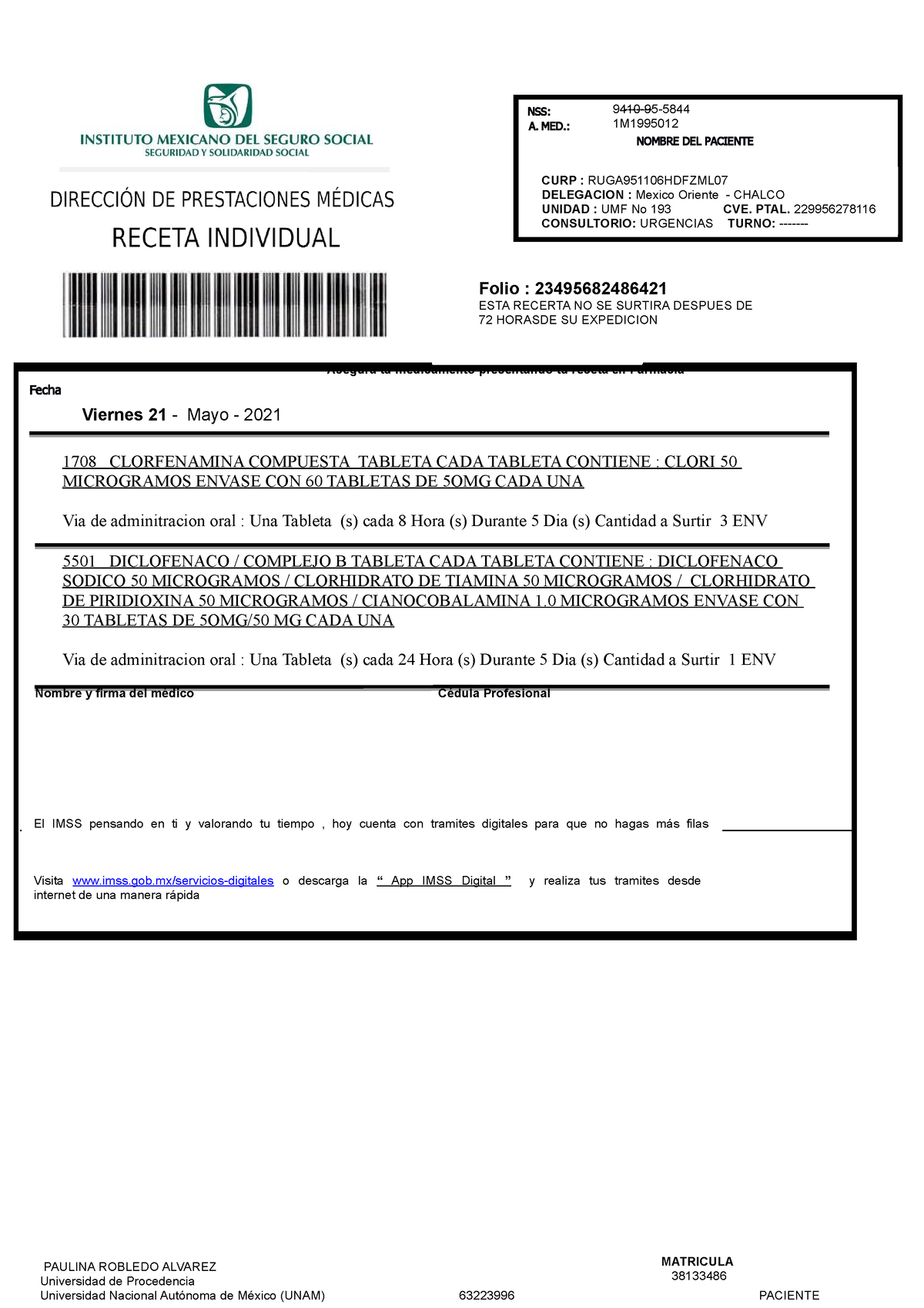 Kupdf - RECETA - Fecha Nombre y firma del médico Cédula Profesional NSS: A.  MED.: NOMBRE DEL - Studocu