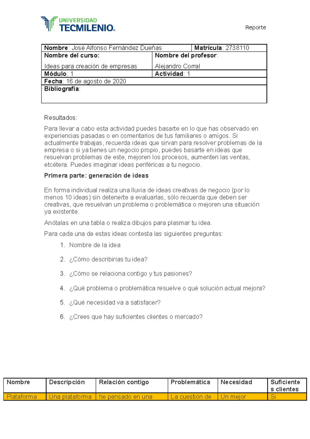 Actividad 1 Ideas para Creacion de Empresas - Nombre : José Alfonso ...