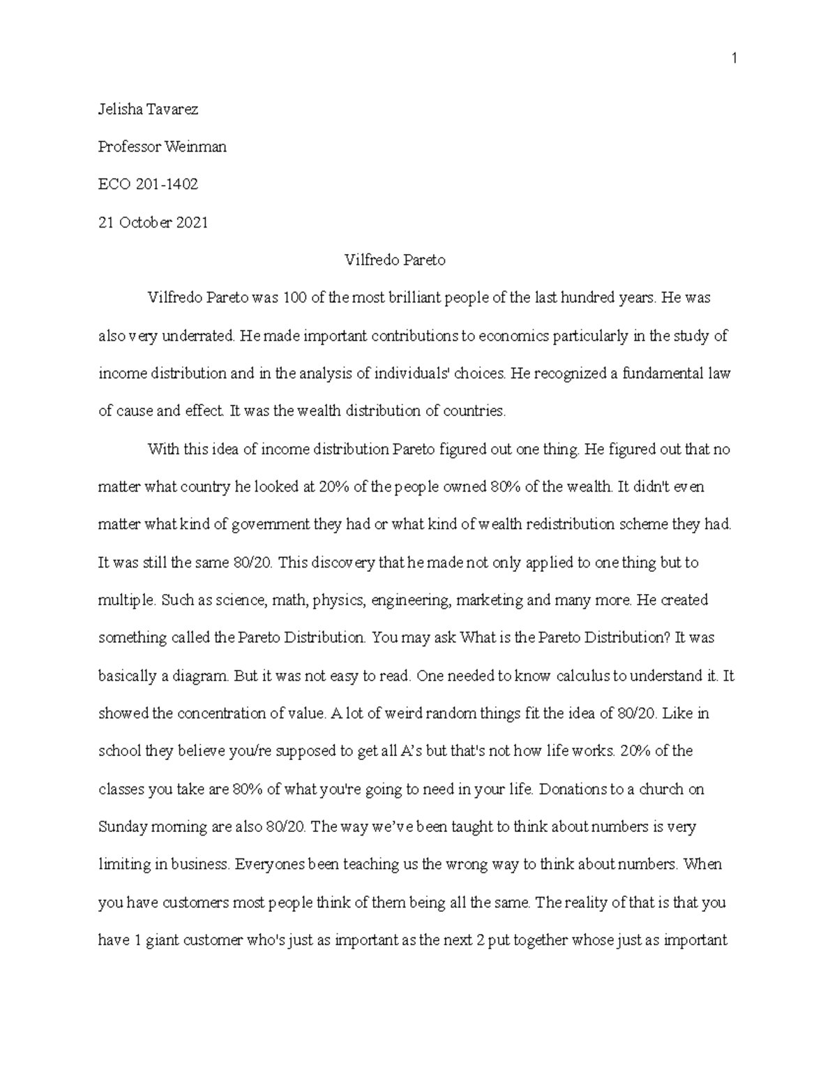 Vilfredo Pareto Essay 1 Jelisha Tavarez Professor Weinman ECO 201 21