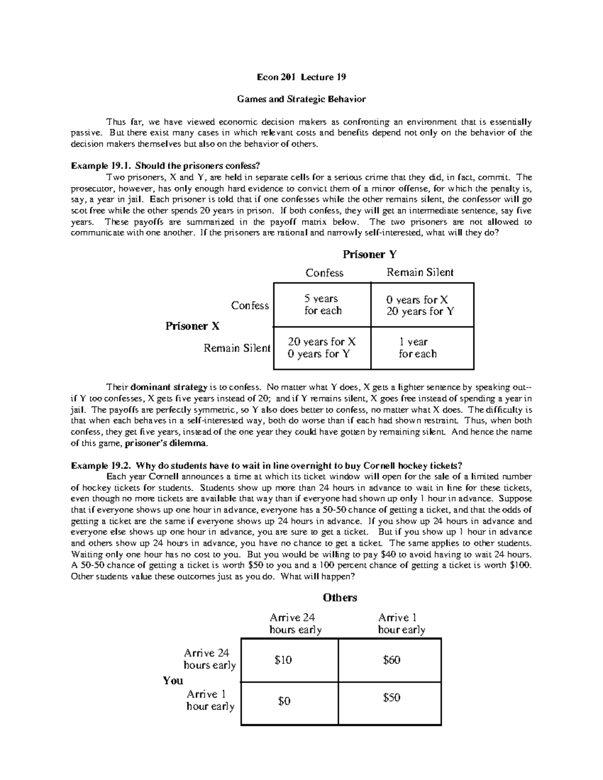 19 econ 201 - Lecture note 19 - Econ 201 Lecture 19 Games and Strategic ...