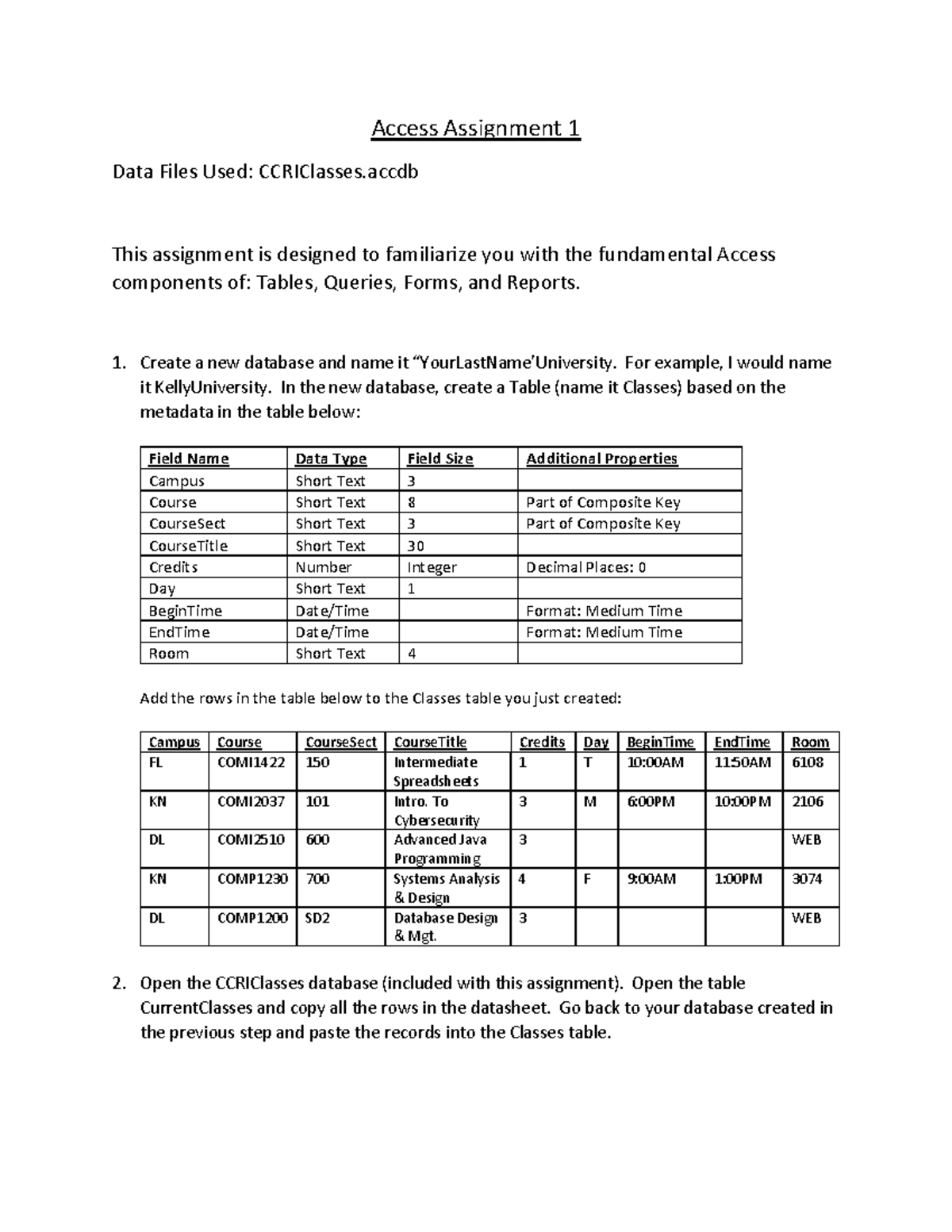 Access Assignment 1 - Assistant - Access Assignment 1 Data Files Used ...