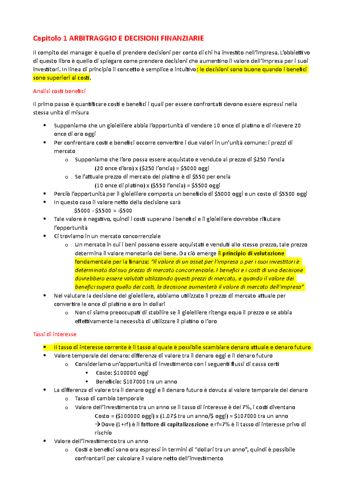 Finanza aziendale riassunti - Capitolo 1 ARBITRAGGIO E DECISIONI ...