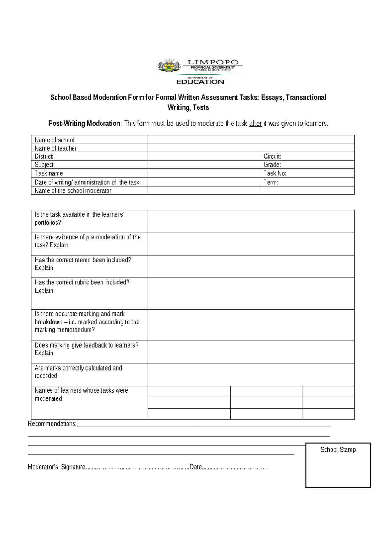 School Based Moderation Form for Formal Written Assessment Tasks (Post ...