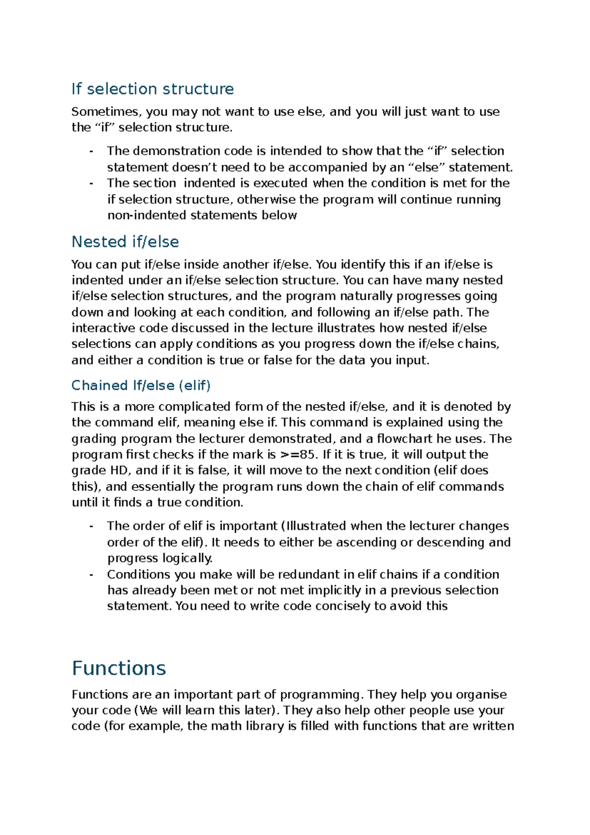 ENGG1811 W2 L2 - Notes from lecture - If selection structure Sometimes ...