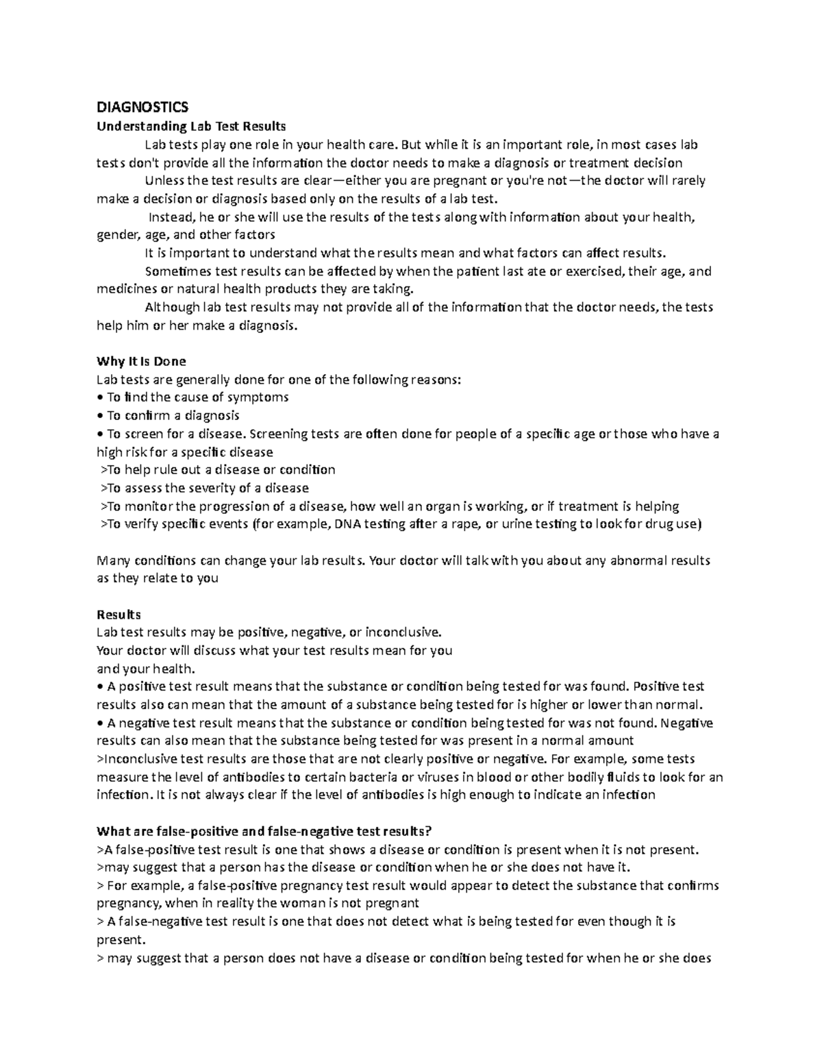 PN1003 diagnostics notes - DIAGNOSTICS Understanding Lab Test Results ...