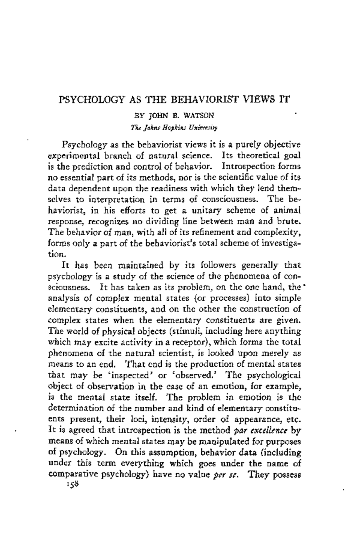 3. Watson 1913 Psychology 2 - PSYCHOLOGY AS THE BEHAVIORIST VIEWS IT BY ...