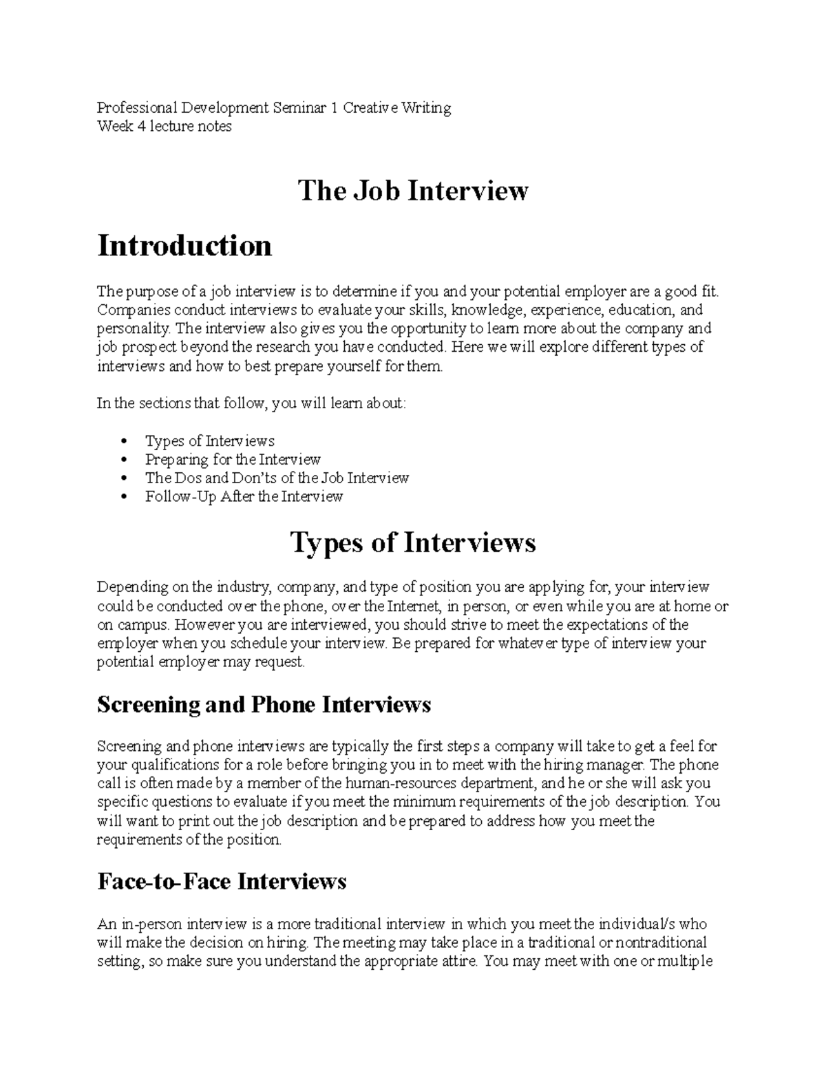 Professional Development Seminar: The Job Interview - Professional 