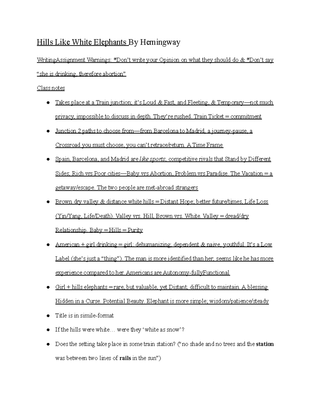 Hills like White Elephant annotated notes Hills Like White Elephants