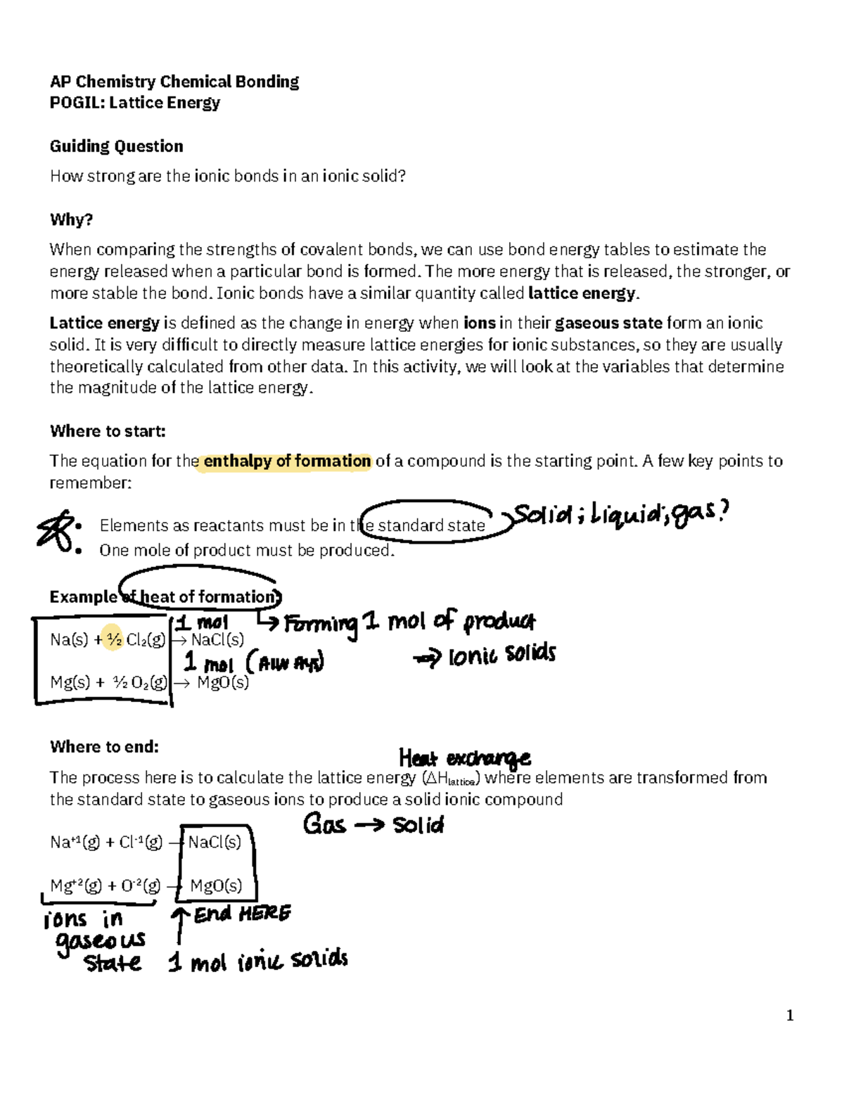 AP Chemical Bonding Lattice Energy Pogil - AP Chemistry Chemical ...