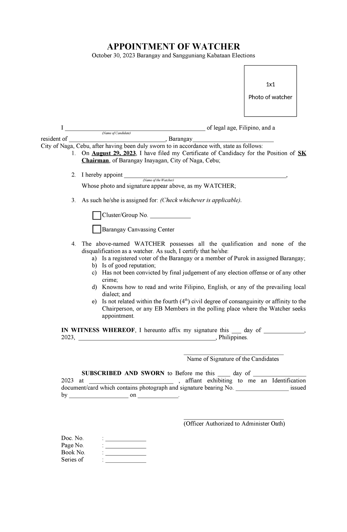 Appointment FOR Watchers APPOINTMENT OF WATCHER October 30, 2023