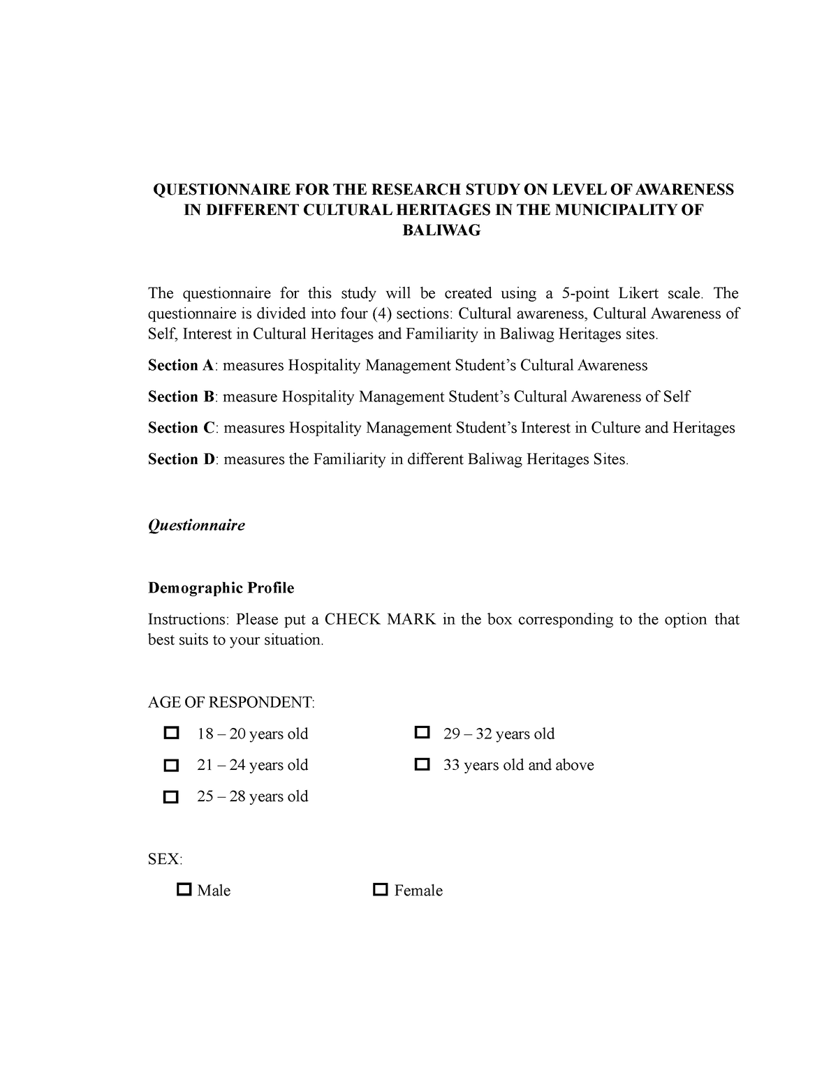 level of awareness thesis questionnaire