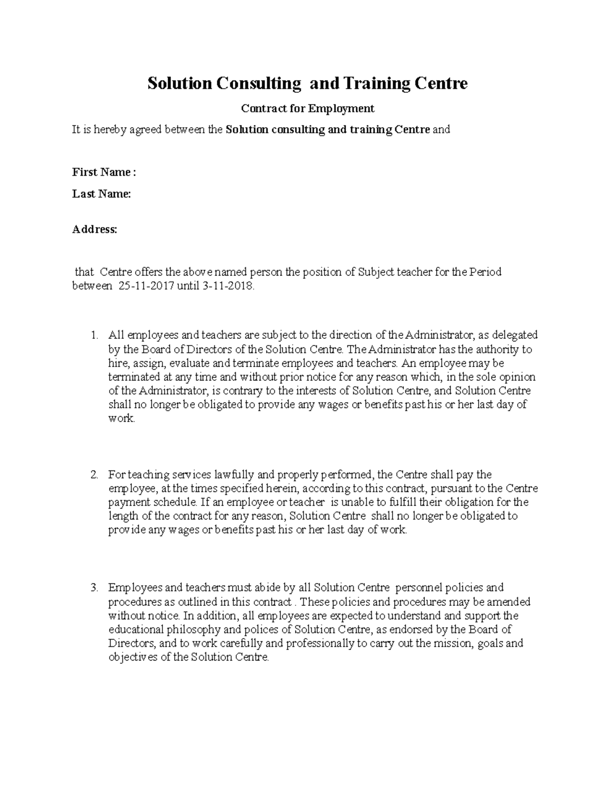 Employment Contract for solution Centre - Solution Consulting and ...