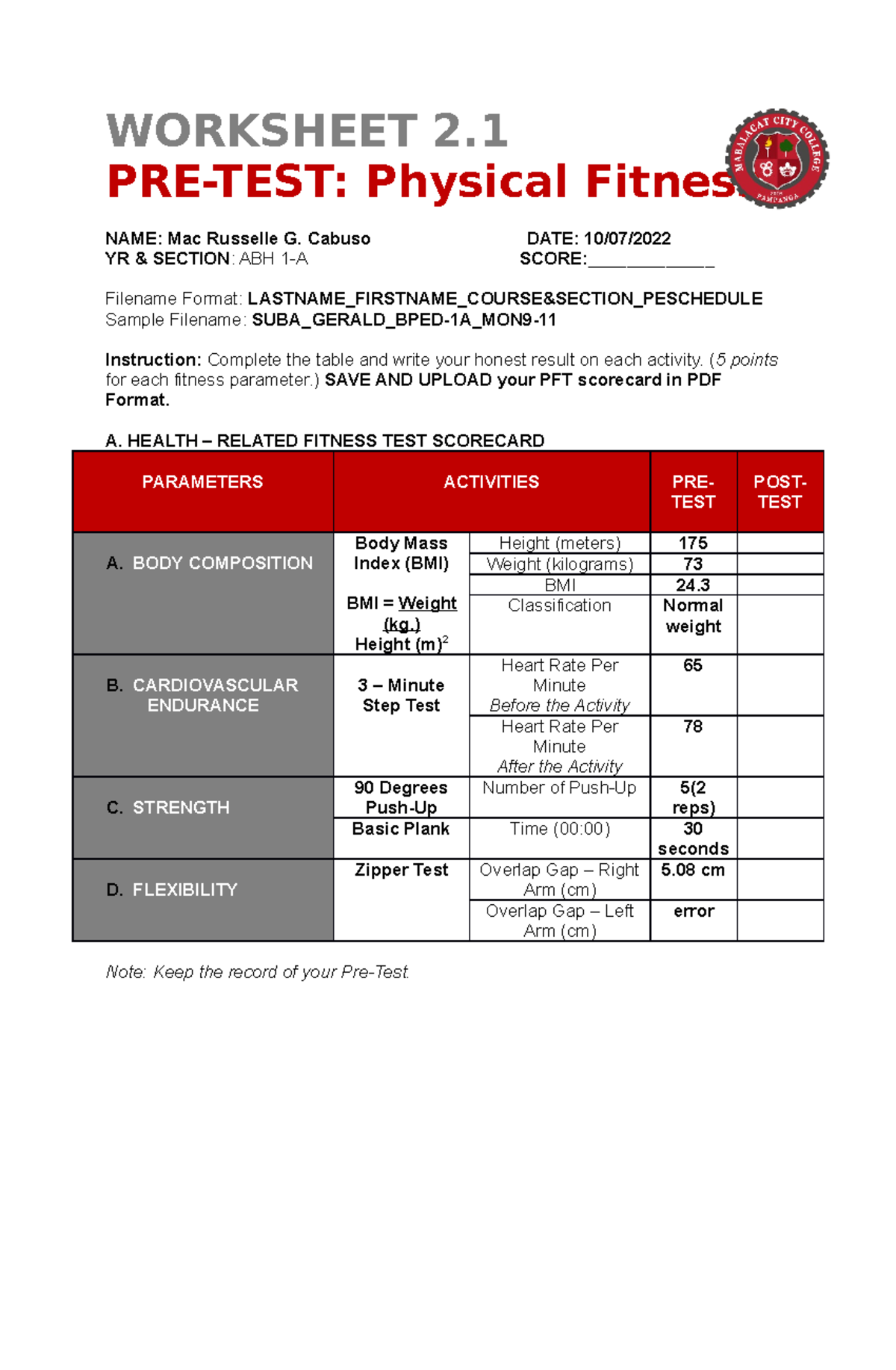 Worksheet 2 - ANSWERS - WORKSHEET 2. PRE-TEST: Physical Fitness NAME ...