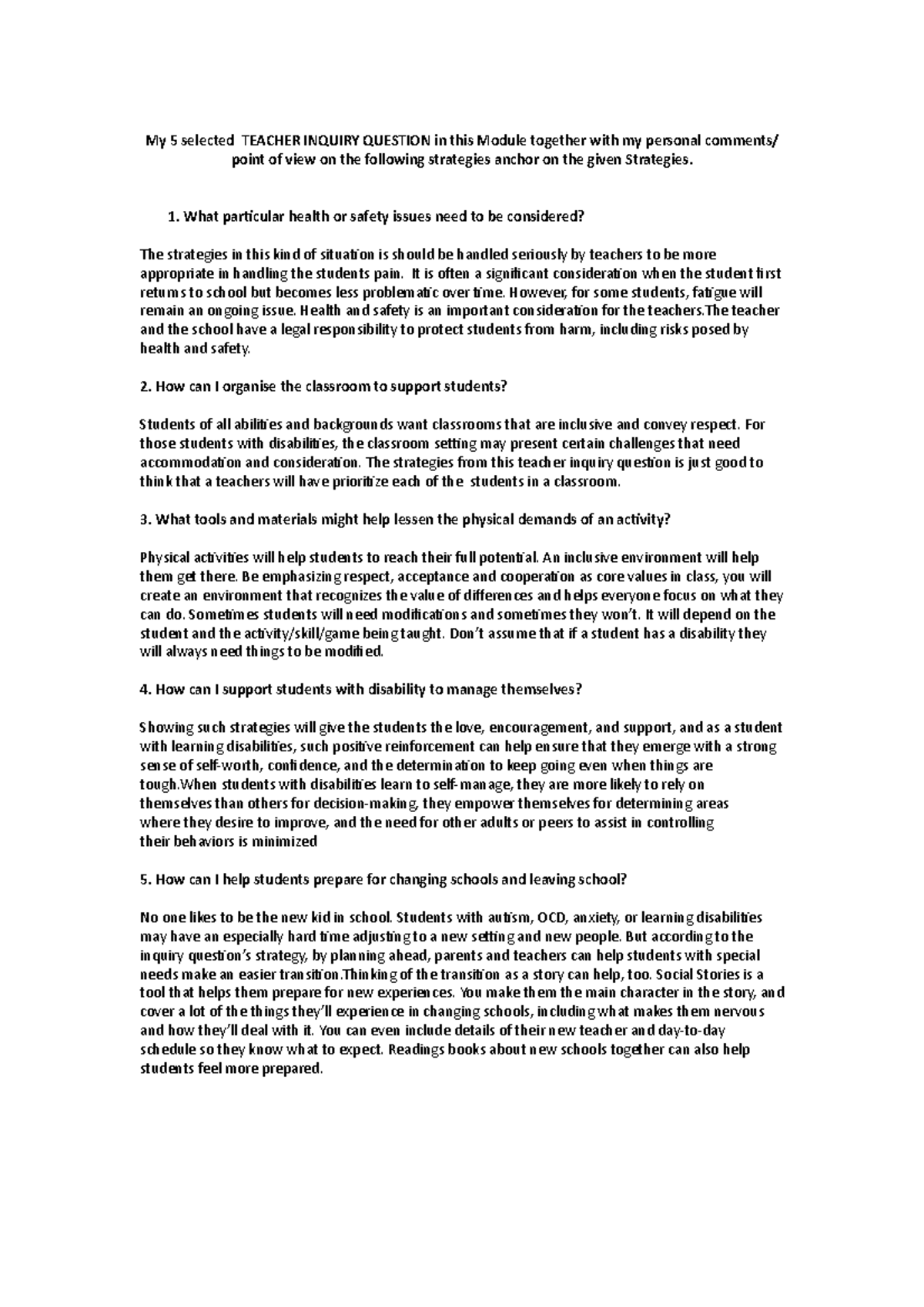My 5 selected Teacher Inquiry Question in this Mo - My 5 selected ...