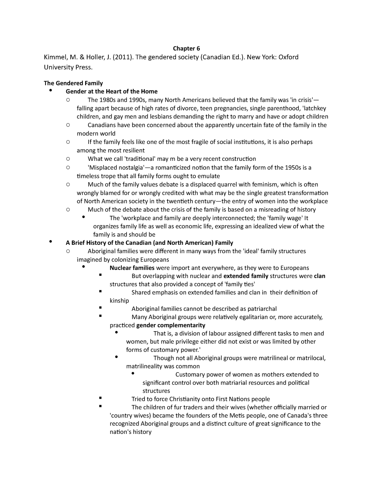 Sociology Of Gender Lecture Notes Chapter 6 Chapter 6 Kimmel M Holler J 2011 The