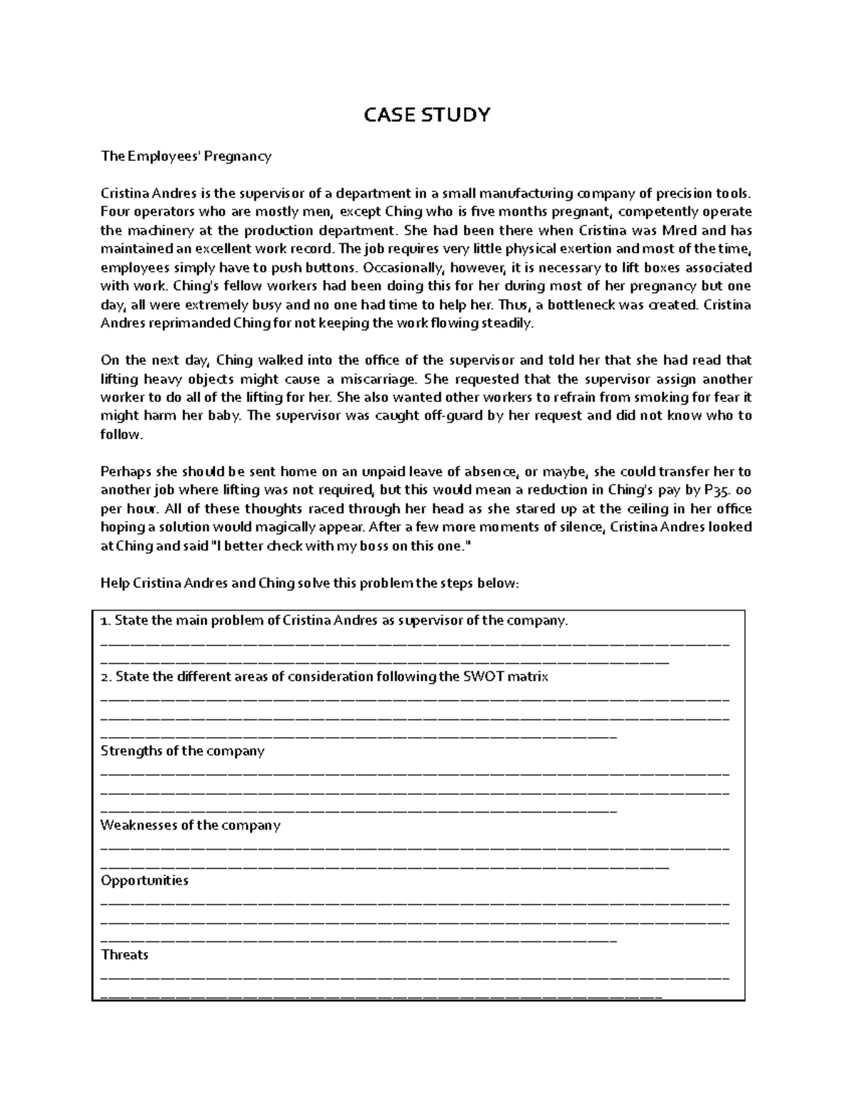 CASE- Study-2 - case study - CASE STUDY The Employees' Pregnancy ...
