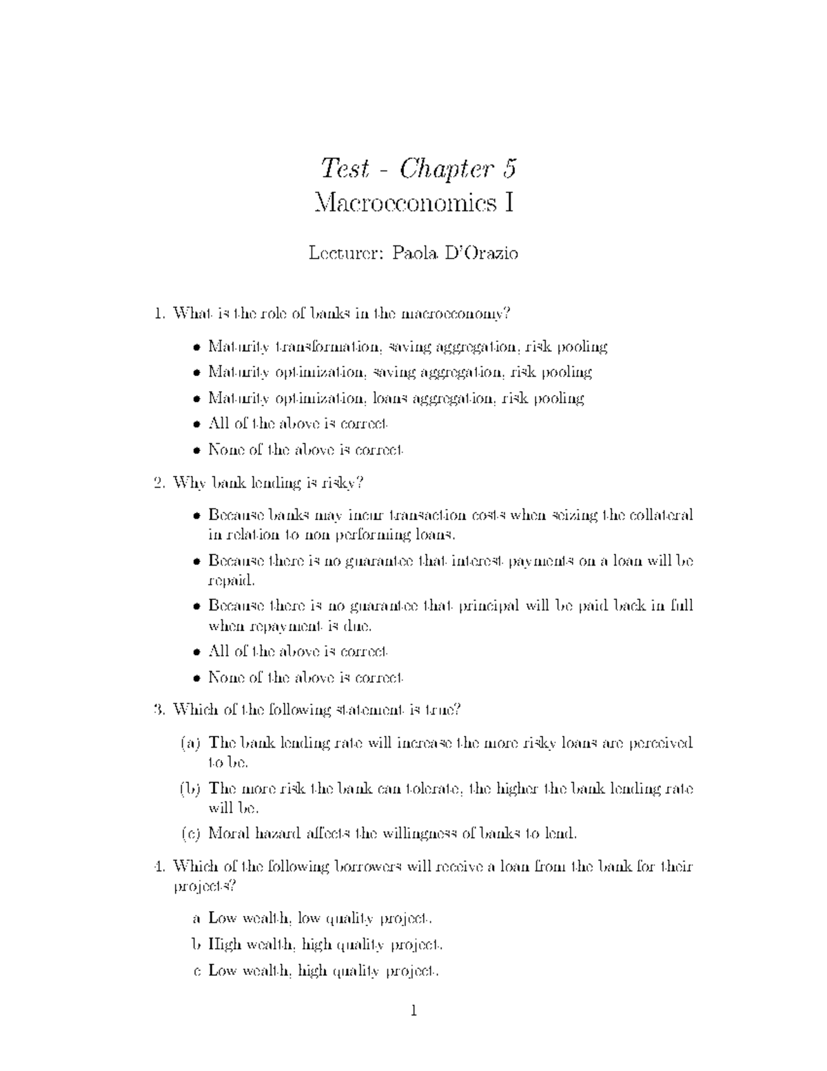 chapter 5 - money, banking and the macroeconomy test - Test - Chapter 5 ...
