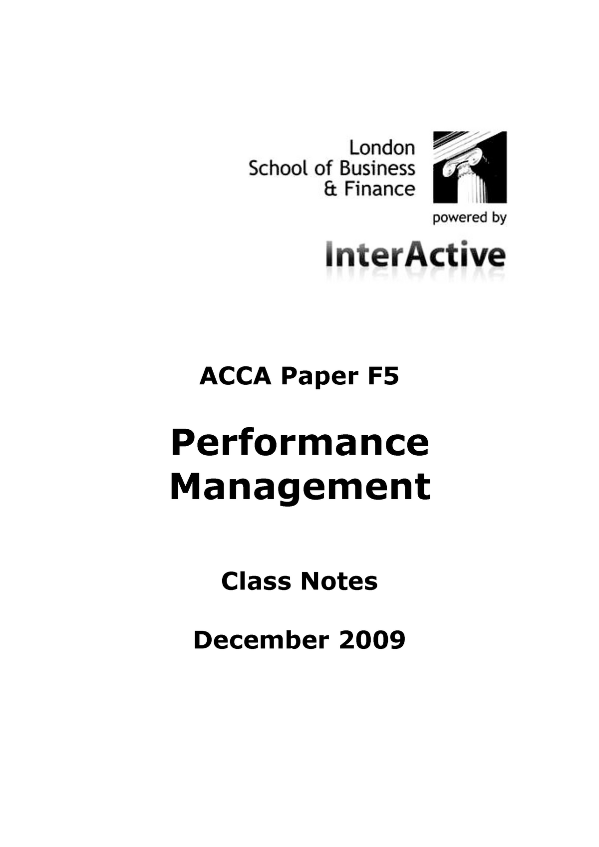 ACCA F5 Class Notes D09 Version 3 Performantce Management - ACCA Paper F5 Performance Management ...