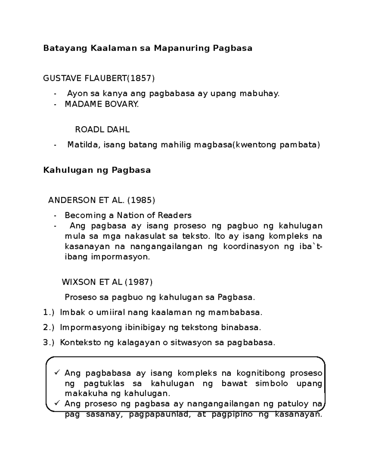 Batayang Kaalaman Sa Mapanuring Pagbasa - MADAME BOVARY. ROADL DAHL ...