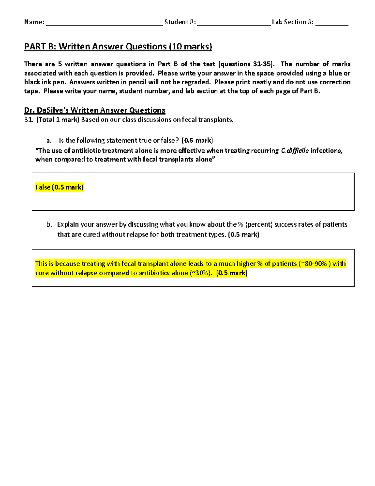 Test 1 Short Answers answer key - PART B: Written Answer Questions (10 ...