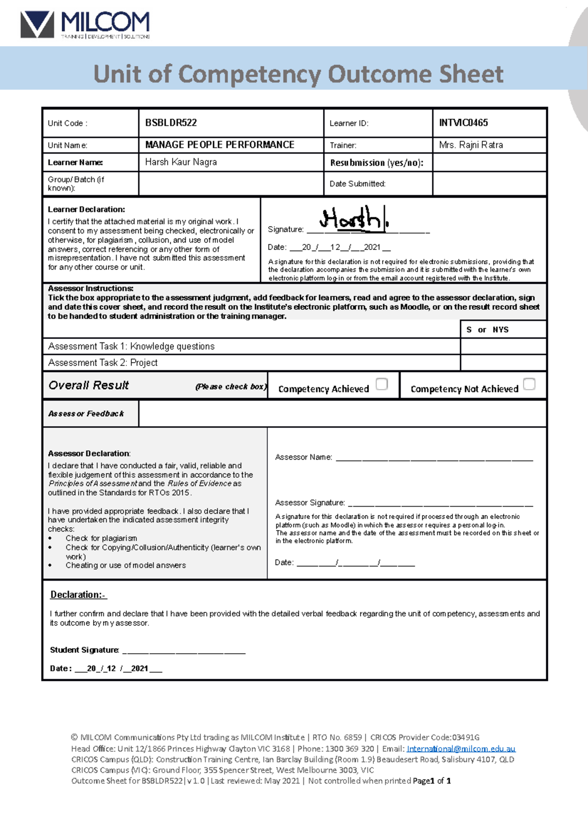 Bsbldr 522 Outcome Sheet (Signed) - Unit Of Competency Outcome Sheet ...