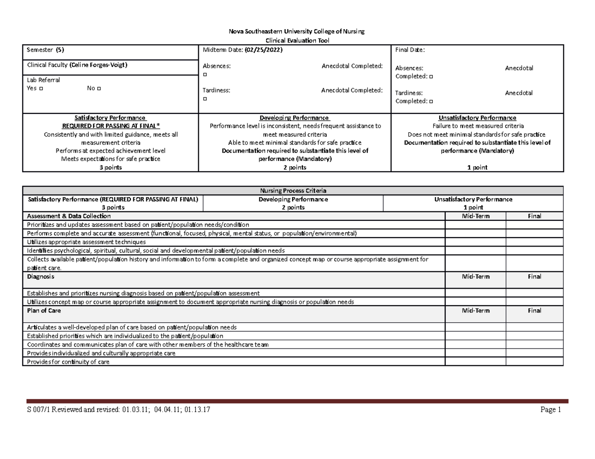 Clinical Evaluation Tool - Nova Southeastern University College of ...