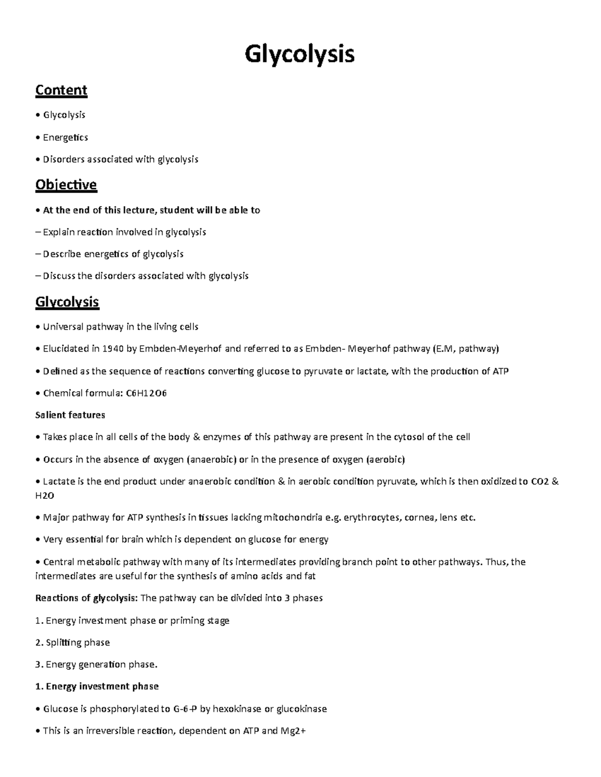 Sem 01 Pharmacy Glycolysis Content Glycolysis Glycolysis Energetics Disorders associated with