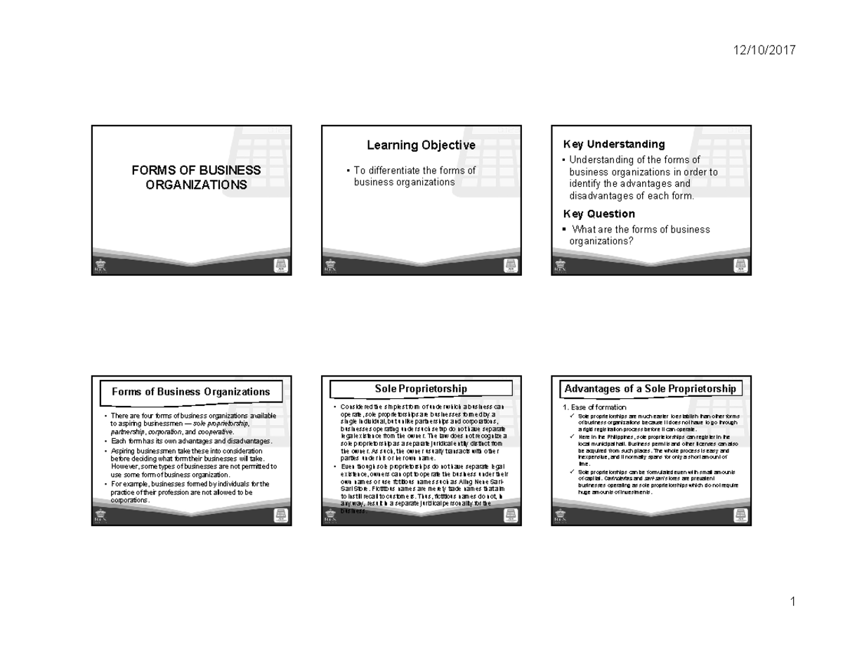 4 Handout FORMS OF BUSINESS ORGANIZATIONS To Differentiate The Forms Of Business Organizations 