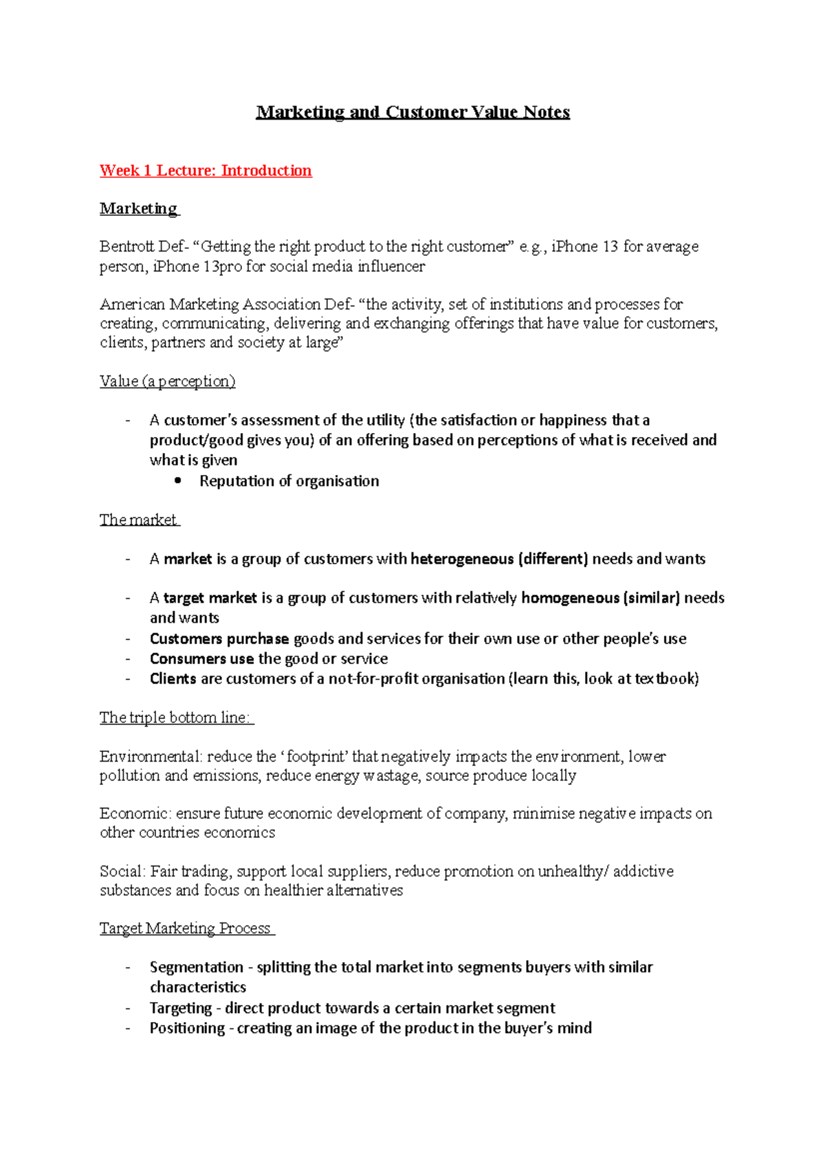 Markting Notes - Marketing and Customer Value Notes Week 1 Lecture ...