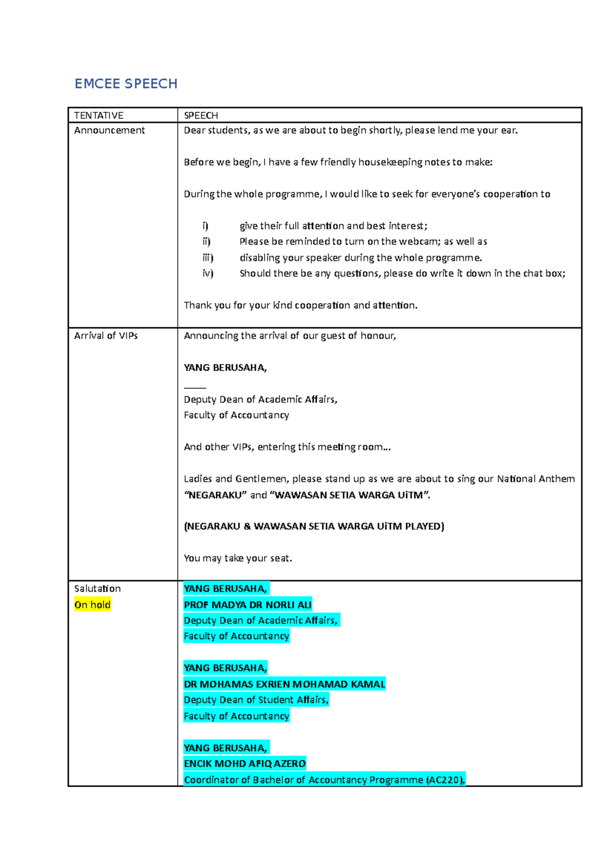 Scripts Script for event EMCEE SPEECH TENTATIVEAnnouncement