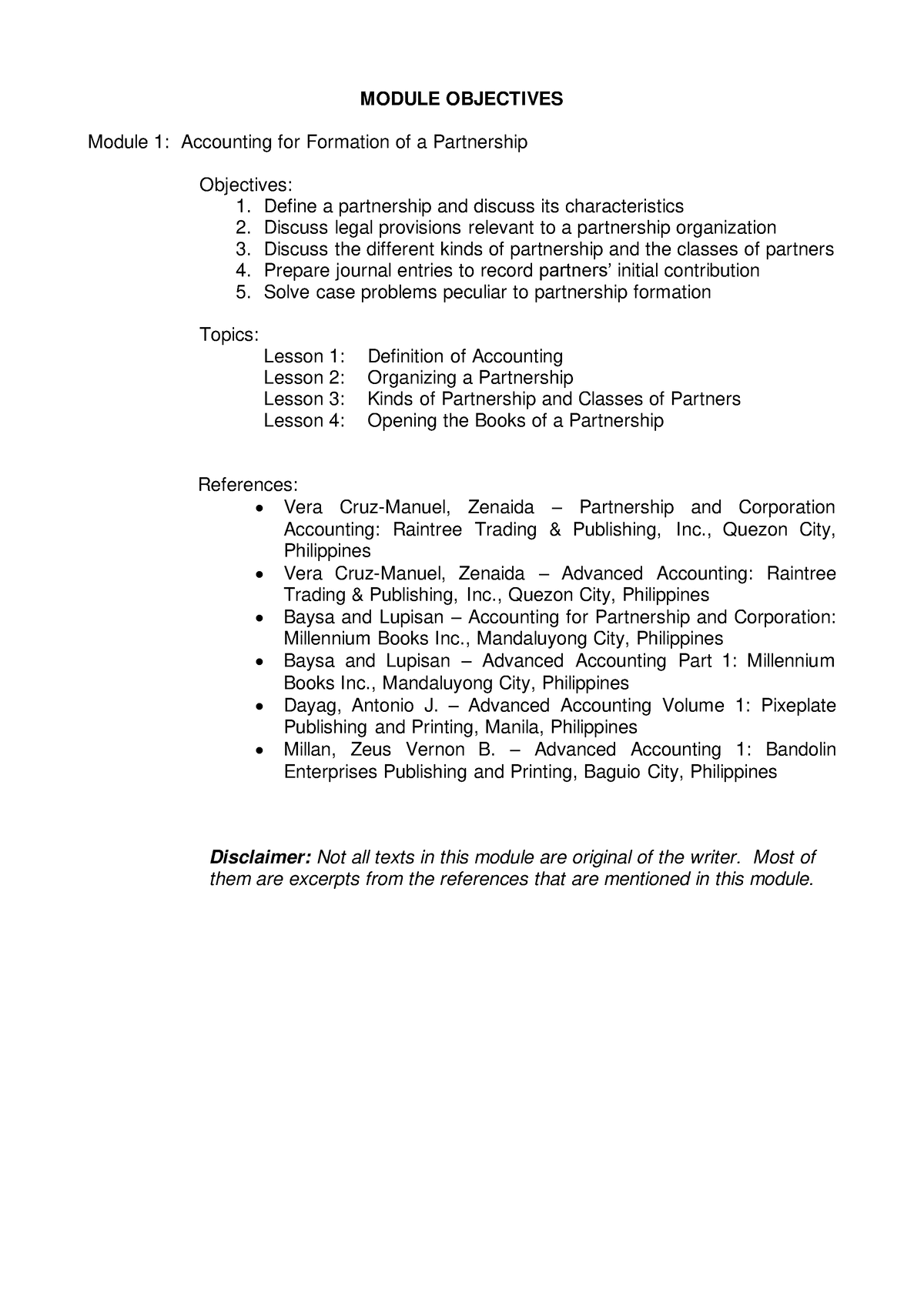 Partnership Formation - MODULE OBJECTIVES Module 1: Accounting for ...