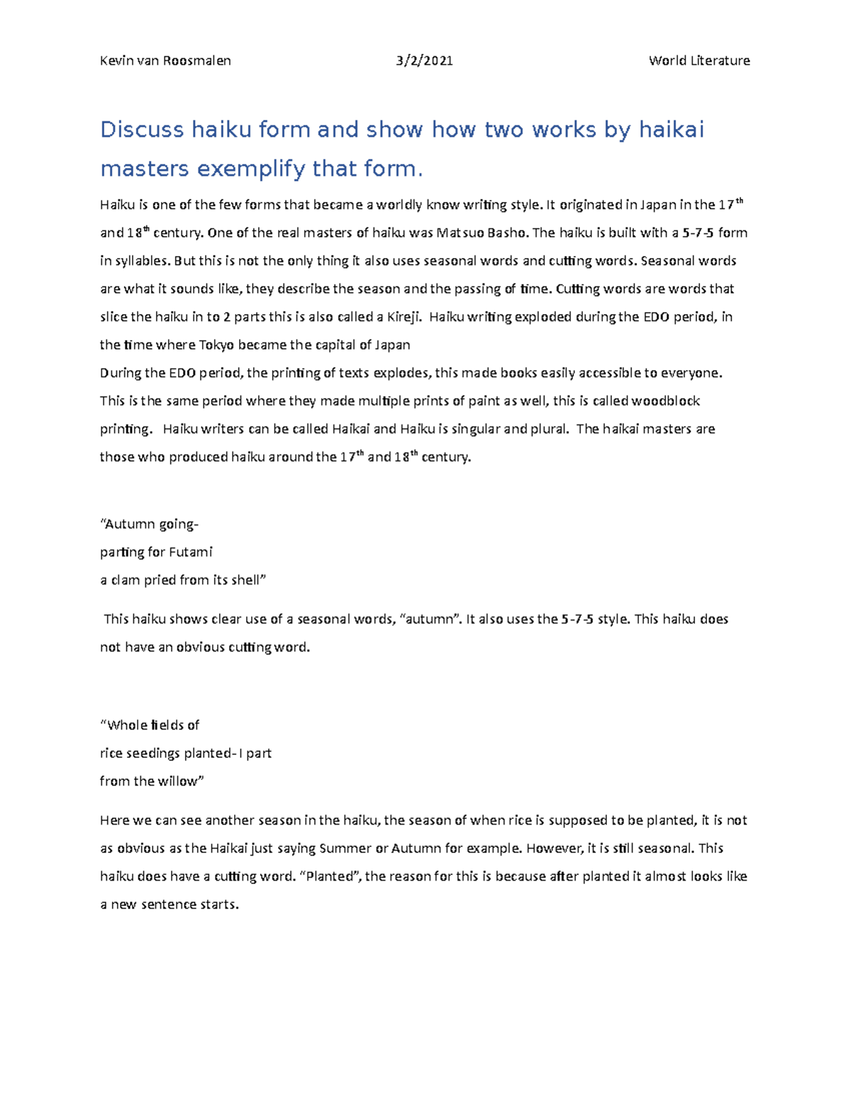 World Lit exam - engels exam - Discuss haiku form and show how two ...